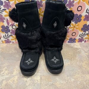 Black Winter Boots with Fur Trim and Adjustable Straps
